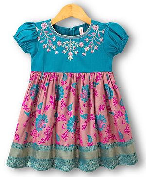 Babyhug Brocade Woven Half Sleeves Ethnic Dress With Floral Embroidery & Print - Fuschia