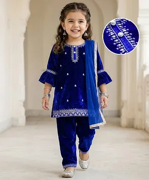 Babyhug Velvet Three Fourth Sleeves
                              Embroidered Kurti Salwar Set with Dupatta
                              - Royal Blue