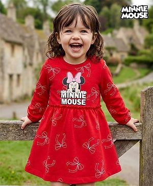 Babyhug Disney Single Jersey Knit Full Sleeves Frock With Minnie Mouse Graphics - Red