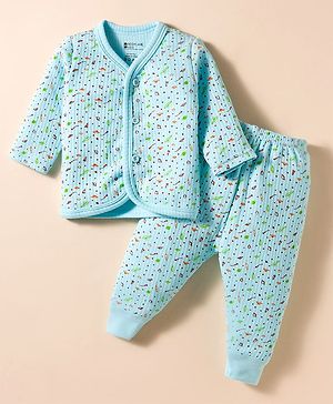 Bodycare Cotton Full Sleeves Co-ord Front Open Thermal Set With Space Print - Light Blue