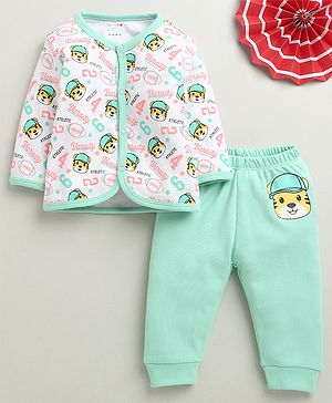 BUMZEE Cotton Knit Full Sleeves Night Suit With Tiger Print - Mint