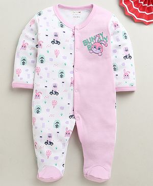 BUMZEE Cotton Knit Full Sleeves Jungle Theme Printed Footed Sleep Suit - White & Pink