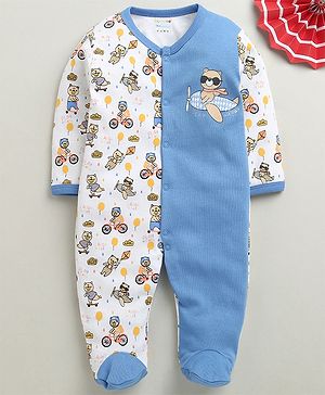 BUMZEE Cotton Knit Full Sleeves Footed Sleepsuit With Animal Print - Blue & White