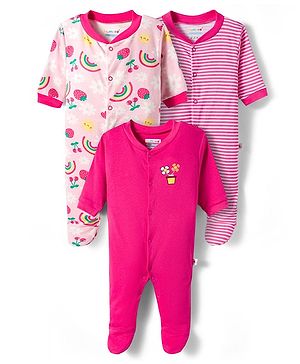 BUMZEE Cotton Knit Full Sleeves Footed Sleepsuits with Stripes & Floral Print Pack of 3 - Pink & Baby Pink