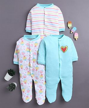 BUMZEE Cotton Knit Full Sleeves Footed Sleepsuits With Ice Cream Print Pack Of 3 - Light Blue & Pink
