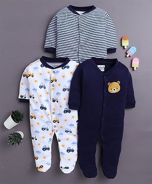 BUMZEE Cotton Knit Full Sleeves Footed Sleepsuits with Stripes & Vehicle Print Pack of 3 - White & Navy Blue