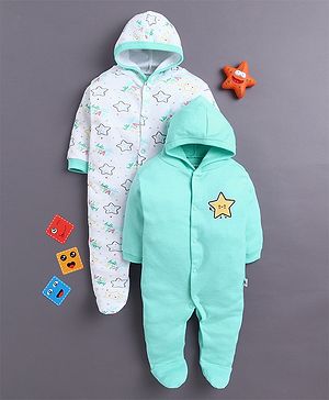 BUMZEE Cotton Knit Full Sleeves Footed & Hooded Sleepsuits with Star Print Pack of 2 - White & Aqua Blue