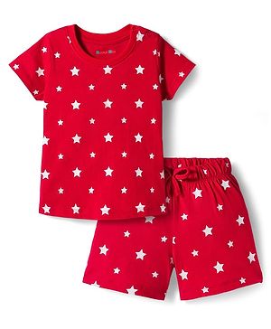 Kookie Kids India Single Jersey Knit Half Sleeves Co-ords Shorts Night Suit With Star Print - Red
