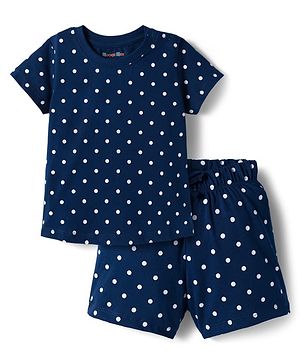 Kookie Kids India Single Jersey Knit Half Sleeves Co-ords Shorts Night Suit With Polka Dots Print - Navy Blue