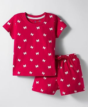 Kookie Kids Single Jersey Knit Half Sleeve Co-ords Shorts Night Suit with Butterfly Print - Dark Pink
