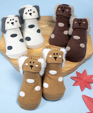 Yellow Bee Cotton Knit Pair of 3  Puppy Designed Socks - Multi Colour