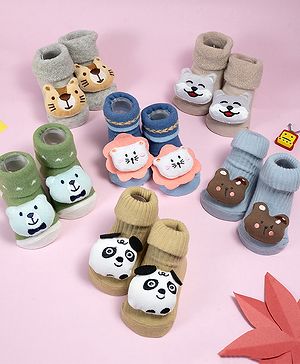Yellow Bee Cotton Knit Pack Of 6 Animal 3D Applique Detailed Socks - Multi Colour