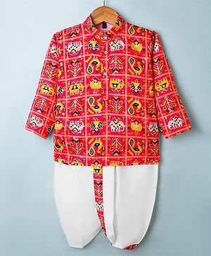 Dapper Dudes Full Sleeves  Patola Printed Kurta Dhoti Set - Red