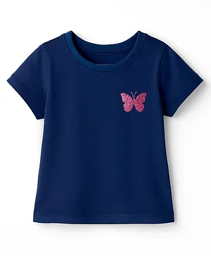 Pine Kids Cotton Knit Half Sleeves T-Shirt Butterfly Print - Navy Blue