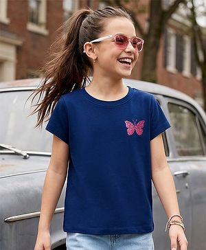 Pine Kids Cotton Knit Half Sleeves T-Shirt Butterfly Print - Navy Blue