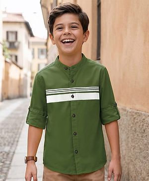 Pine Kids Cotton Woven Full Sleeves Solid Shirt with Stripes - Olive Green