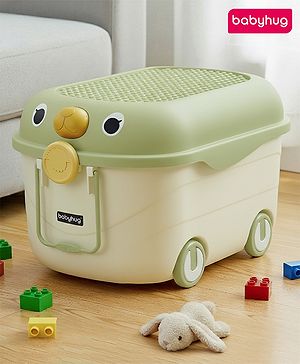 Babyhug Multipurpose Storage Box with Wheels for Kids Animal Theme Pastel Green| Toy Storage Organizer with Pull Along Handle| Clip Lock Lid| Use as Ride-On & Building Block Tray| Kids Room Storage