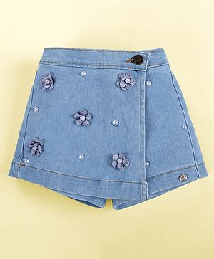 Kiddopanti Denim Woven Floral Applique Detailed &  Pearl Embellished - Light Blue