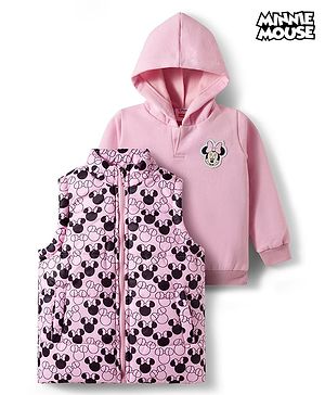 Babyhug Disney Fleece Woven  Full Sleeves Hooded Sweatshirt With Sleeveless Jacket & Minnie Mouse Graphic - Pink