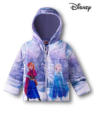 Babyhug Disney Woven Full Sleeves Padded Hooded Winter Jacket With Elsa & Anna Graphic - Purple