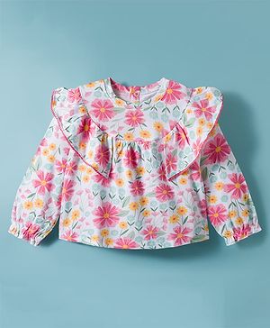 Babyhug 100% Cotton Single Jersey Knit Full Sleeves Top with Frill Detailing & Floral Print -Multicolour