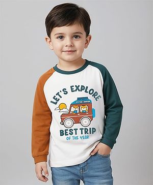 Babyhug 100% Cotton Knit Full Raglan Sleeves T-Shirt with Let's Explore Text & Vehicle Print - White & Dark Green