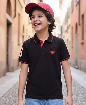 Pine Kids Cotton Knit Half Sleeves Polo T-Shirt with Number Embroidery - Black