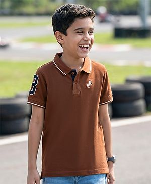 Pine Kids Cotton Knit Half Sleeves Polo T-Shirt with Horse   Embroidery - Brown