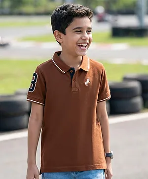 Pine Kids Cotton Knit Half Sleeves Polo T-Shirt with Horse   Embroidery - Brown