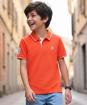 Pine Kids Cotton Knit Half Sleeves Polo T-Shirt with Number Embroidery - Coral