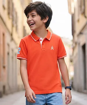 Pine Kids Cotton Knit Half Sleeves Polo T-Shirt with Number Embroidery - Coral