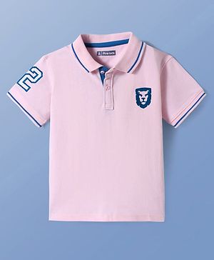 Pine Kids Cotton Knit Half Sleeves Polo T-Shirt with Lion Embroidery - Pink