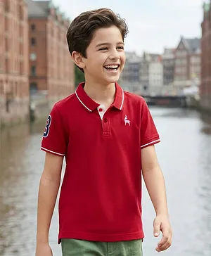 Pine Kids Cotton Knit Half Sleeves Polo T-Shirt with Number Embroidery - Red