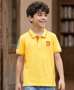 Pine Kids Cotton Knit Half Sleeves Polo T-Shirt with Horse Embroidery - Golden