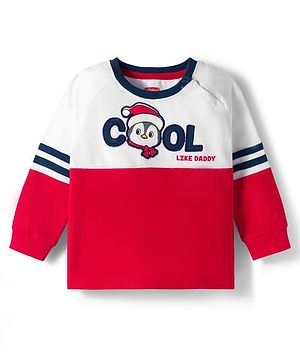 Babyhug 100% Cotton Knit Full Raglan Sleeves T-Shirt With Penguin Embroidery - Red & White