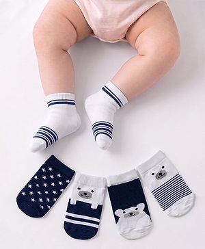 Cute Walk by Babyhug Knit Ankle Length Anti Bacterial Socks with Stripe Polka Dot & Teddy Design Pack of 5 - Grey & Navy Blue