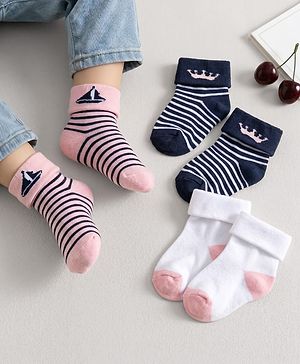 Cute Walk by Babyhug Knit Ankle Length Antibacterial Socks with Stripes Pack of 3 - Pink White & Navy Blue