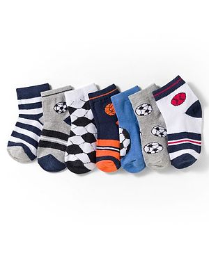 Cute Walk by Babyhug Knit Ankle Length Anti Bacterial Socks with Stripes & Football Design Pack of 7-  White Grey & Navy Blue