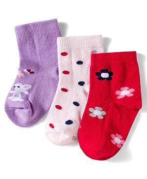 Cute Walk by Babyhug Knit Ankle Length Anitbacterial Socks With Floral Design Pack Of 3 - Purple Pink & Red