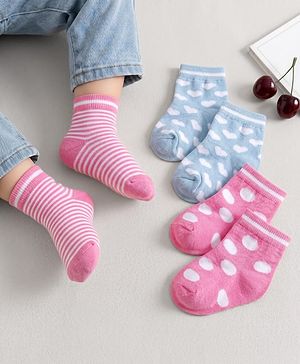 Cute Walk by Babyhug Knit Ankle Length Anti-Bacterial Striped Socks Heart & Polka Dot Design Pack Of 3 - Pink &