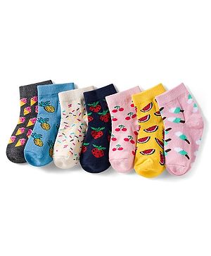 Cutewalk by Babyhug Knit Ankle Length Anti Bacterial Socks With Strawberry Design Pack Of 7 - Multicolour