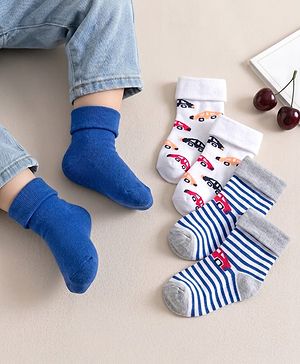 Cute Walk by Babyhug Knit Ankle Length Anti Bacterial Socks with Stripes & Vehicle Design Pack of 3 - Blue Grey & White