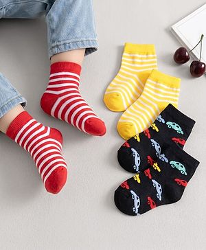 Cute Walk by Babyhug Knit Ankle Length Anti Bacterial Socks with Stripes & Car Design Pack of 3 - Yellow Black & Red