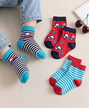Cute Walk by Babyhug Knit Ankle Length Anti Bacterial Socks with Stripes & Car Design Pack of 3 - Red & Light Blue