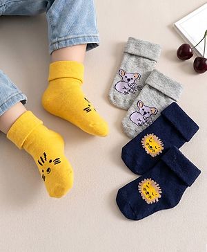 Cute Walk by Babyhug Knit Ankle Length Antibacterial Socks With Animal Design Pack Of 3 - Yellow Grey & Black