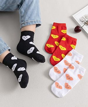 Cute Walk by Babyhug Knit Ankle Length Antibacterial Socks With Heart Design Pack Of 3 - Red Black & White