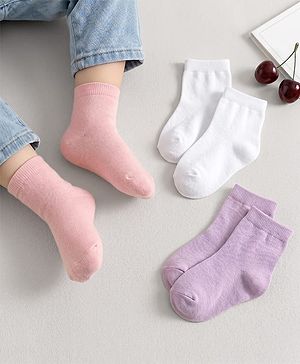 Cute Walk by Babyhug Knit Ankle Length Anti Bacterial Solid Color Socks Pack of 3 - Lilac White & Pink