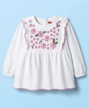 Babyhug 100% Cotton Knit Full Sleeves Top With Floral Embroidery - White