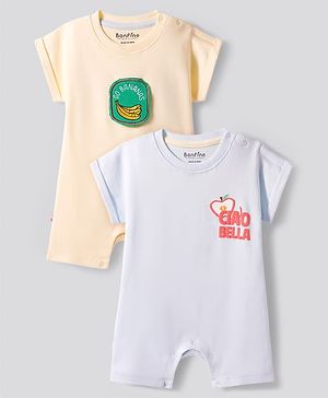 Bonfino 100% Cotton Knit Half Sleeves Romper with Fruit Print & Patch Detailing Pack of 2 - Light Yellow & Blue