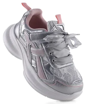 Pine Kids Lace Up Sneaker Shoes With Floral
                      Embroidery - Pink